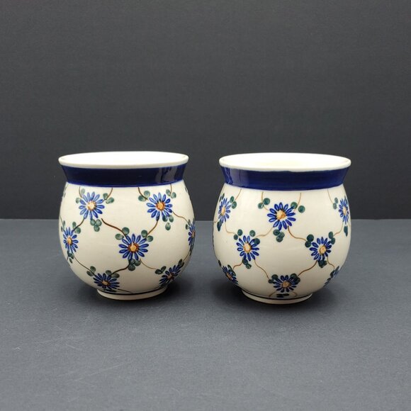 Polish Pottery Aster Trellis Mugs Made in Poland Blue Daisy Bubble Mugs - Picture 3 of 10